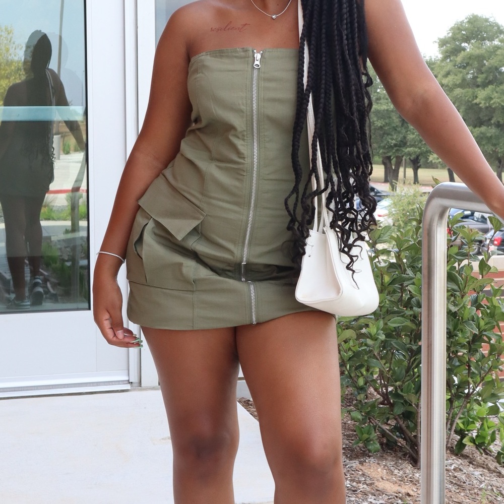 army green cargo tube top dress